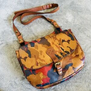 Patricia Nash Leather Saddle Crossbody Bag Camo Print Boho Buckle Medium